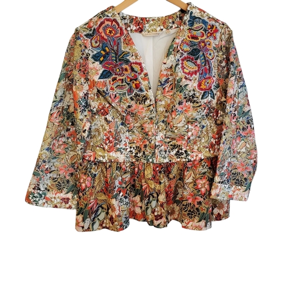 Soft Surroundings Colorful Floral Embroidered Beaded Jacket Blouse Size Medium - Picture 1 of 8